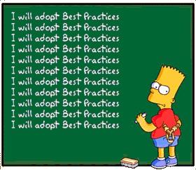 Bart from Simpsons is writing on green board I will adopt best practices
