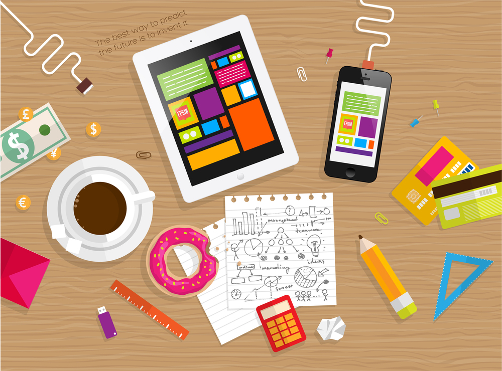 Set of Flat Design Icons. Mobile Phones, Tablet PC, Marketing Technologies, Mobile Apps, Email, Video Services and Money Management. Concept Icons for Web Site Design. Top View of Table with Coffee.