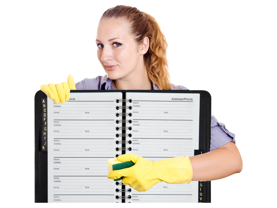 women is wearing gloves and cleaning adress book