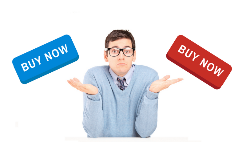 man has to choose left red or right blue buy now button