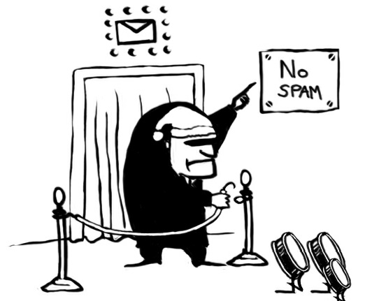 bodyguard stands in front of bars and points on No spam sign