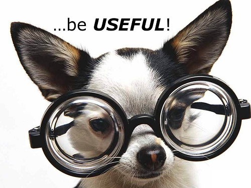 dog is wearing glasses and sign above him ...be useful